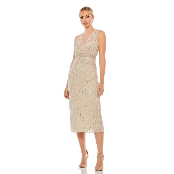 Mac Duggal 93606 Sequined Sleeveless V Neck Midi Sheath Dress Cocktail Nude Sz 6 - Picture 1 of 15